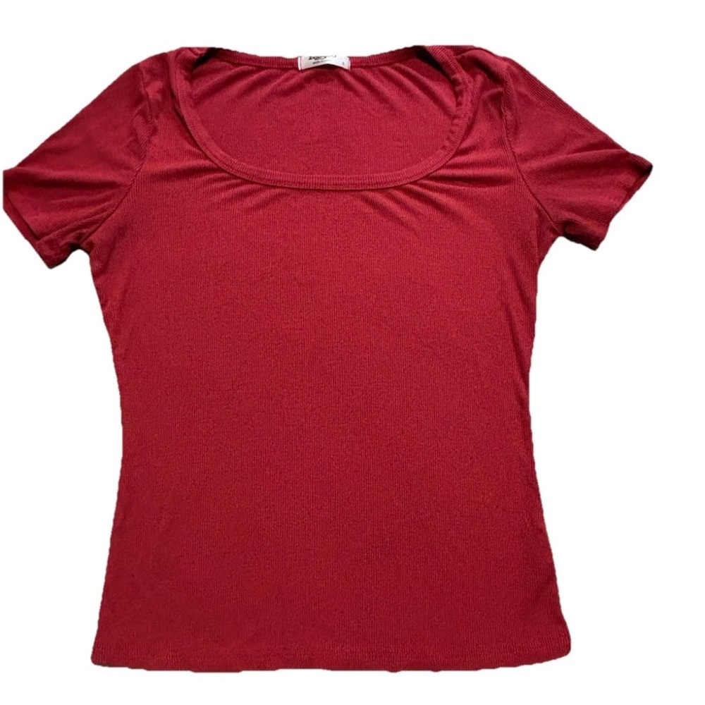Zeagoo Dark Red Ribbed Knit Shirt S Short Sleeve Scoop Neck Slim Fit Casual
